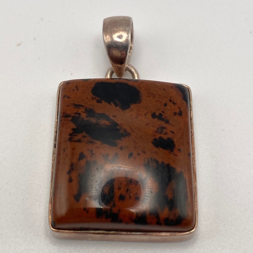 Vintage Pendant 925 Sterling Silver Mahogany Obsidian Brown Black Rectangle